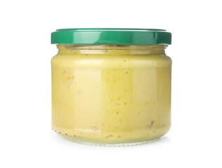 Jar of mustard sauce isolated on white