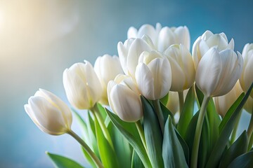 Fototapeta premium Soft focus white tulips in bloom with gentle sunlight and blue background