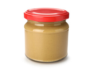 Jar of mustard sauce isolated on white