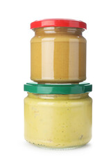 Jars of mustard sauce isolated on white