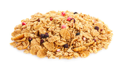 Pile of tasty granola with dried berries isolated on white