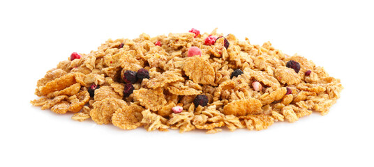 Pile of tasty granola with dried berries isolated on white