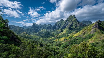 Fototapeta premium Stunning lush green mountain range under dramatic cloudy blue sky, a breathtaking vista of tropical paradise and natural beauty.