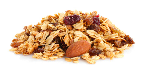 Pile of tasty granola with dried fruits and nuts isolated on white