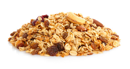 Pile of tasty granola with dried fruits and nuts isolated on white