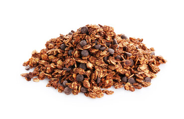 Pile of tasty granola with chocolate chips isolated on white