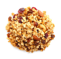 Pile of tasty granola with dried fruits and nuts isolated on white, top view