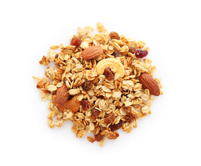 Pile of tasty granola with dried fruits and nuts isolated on white, top view
