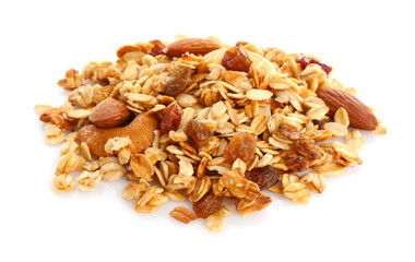 Pile of tasty granola with dried fruits and nuts isolated on white