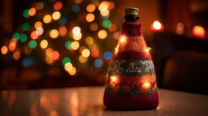 Cozy festive bottle adorned with warm fairy lights against a dreamy, blurred Christmas tree bokeh background