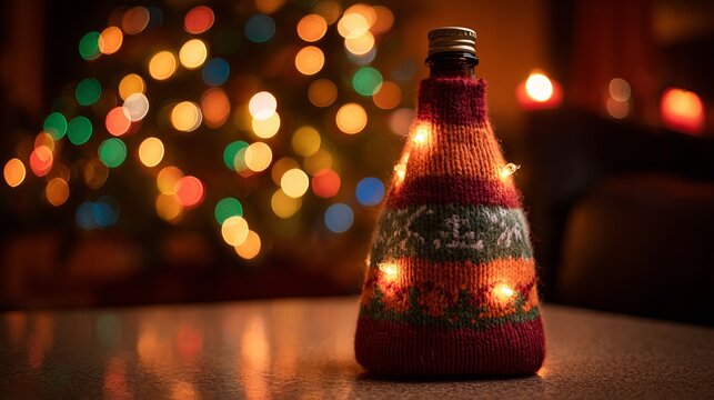 Cozy festive bottle adorned with warm fairy lights against a dreamy, blurred Christmas tree bokeh background