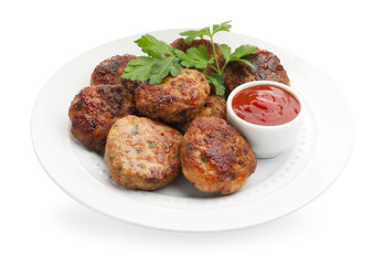 Delicious patties with parsley and ketchup isolated on white