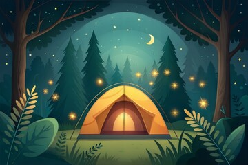Cozy Camping Tent in Forest at Night with Fireflies and Crescent Moon Adventure illustration.