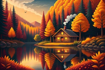 Cozy Autumn Cabin by the Lake with Golden Reflections Peaceful Fall Forest illustration.