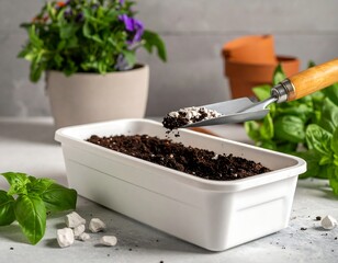 A gardening scene shows soil being added to a white rectangular planter