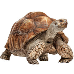 Naklejka premium Large tortoise walking across a sandy terrain with a friendly expression under bright sunlight isolated on transparent background