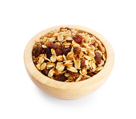 Tasty granola with dried fruits in bowl isolated on white