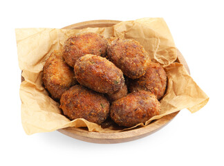 Delicious patties in bowl isolated on white