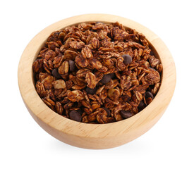 Tasty granola with chocolate chips in bowl isolated on white