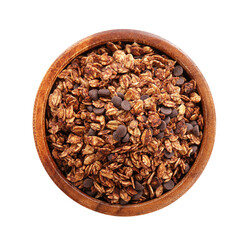 Tasty granola with chocolate chips in bowl isolated on white, top view
