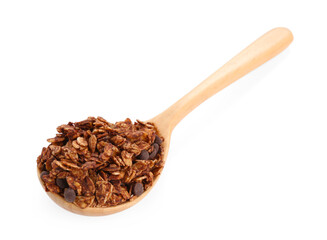Tasty granola with chocolate chips in spoon isolated on white