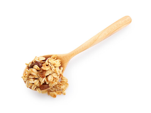 Tasty granola with dried fruits in spoon isolated on white, top view