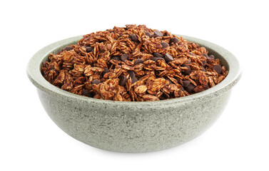 Tasty granola with chocolate chips in bowl isolated on white