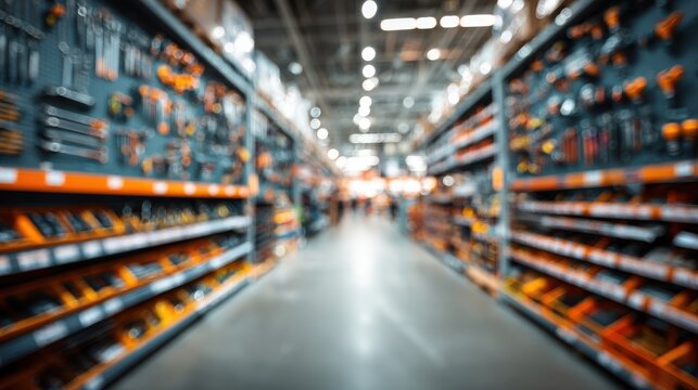 Blurred view of tools and hardware on shelves in a hardware store