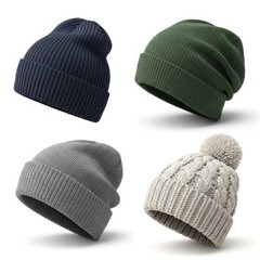 Four knitted hats isolated on white background
