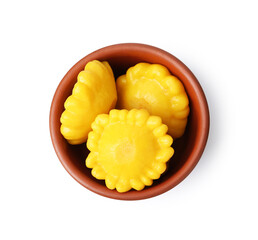 Pickled pattypan squashes in bowl isolated on white, top view