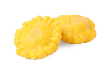 Tasty pickled pattypan squashes isolated on white