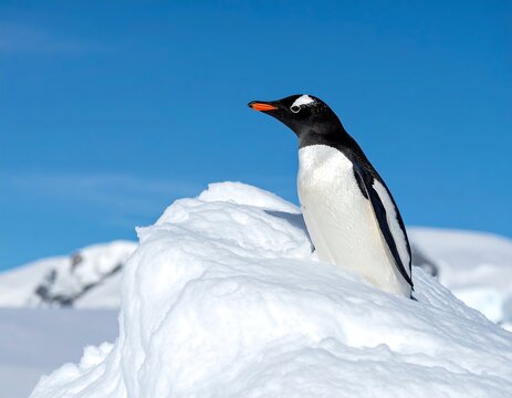 A Gentoo penguin stands atop a snowy mound under a clear, blue sky - Powered by Adobe
