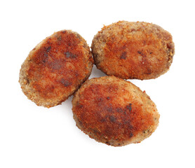 Three tasty meat patties isolated on white, top view