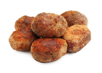 Many tasty meat patties isolated on white