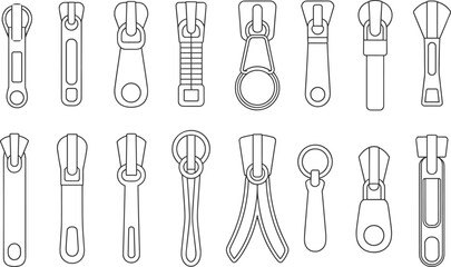 Collection of zipper puller designs, technical flat vector sketches for fashion accessories, CAD drawing for garment hardware illustration template