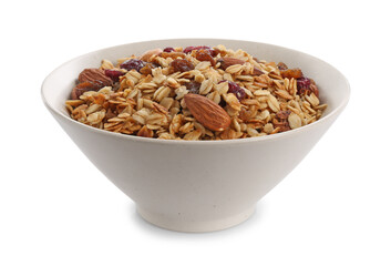 Delicious granola with dried fruits and nuts in bowl isolated on white