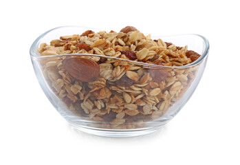 Delicious granola with dried fruits and nuts in bowl isolated on white