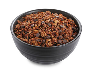 Delicious granola with chocolate chips in bowl isolated on white