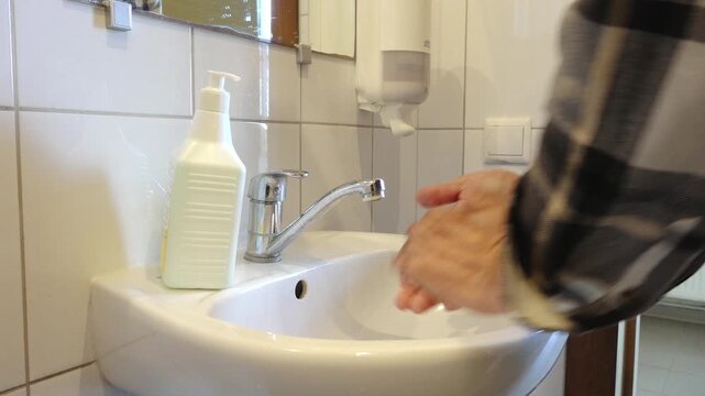 Valmiera, Latvia - October 17, 2025: Hand washing process in a bathroom sink, camera follows the action with a smooth pan and zoom in on hands