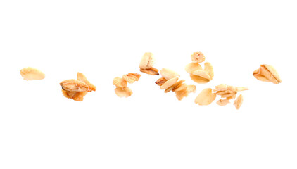 Delicious granola in air against white background