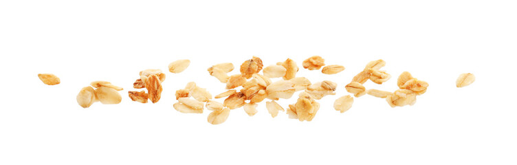 Delicious granola in air against white background