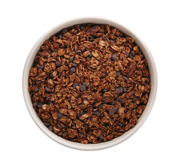 Delicious granola with chocolate chips in bowl isolated on white, top view