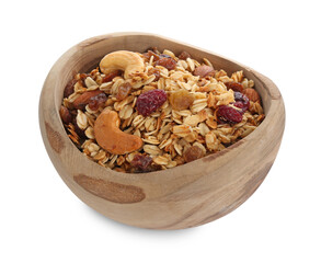 Delicious granola with dried fruits and nuts in bowl isolated on white