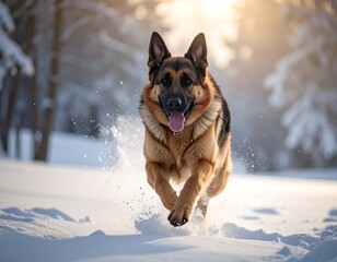 Naklejka premium A German Shepherd dog sprints through a snowy winter landscape