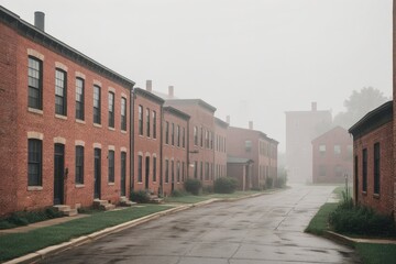 Fototapeta premium Alte Industriegebäude in Nebel in urbanem Umfeld