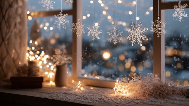 Cozy winter window scene with twinkling fairy lights and delicate snowflakes creates a magical, festive holiday atmosphere. - Powered by Adobe