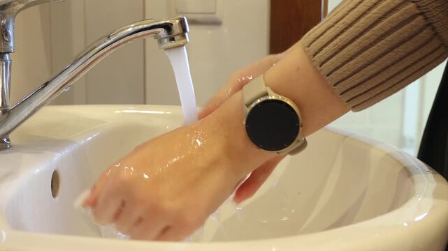 Close-up sequence of hands washing with running water in a sink, showcasing the cleansing process, camera follows the motion with a smooth pan, highlighting water droplets and skin texture