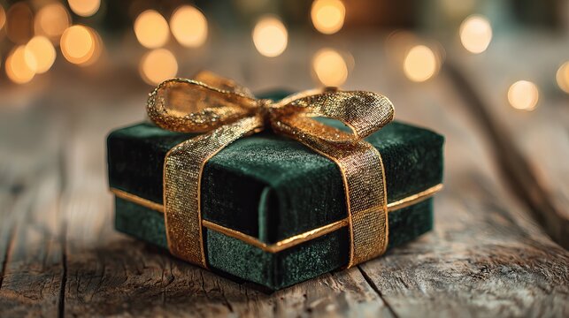 Luxurious emerald green velvet gift box with shimmering gold ribbon and bokeh lights evokes elegance and celebration