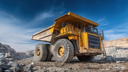 Obraz premium A large yellow mining truck stands on a rocky surface under a blue sky