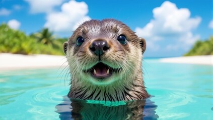 Playful sea otter swimming in turquoise ocean water with a tropical island background